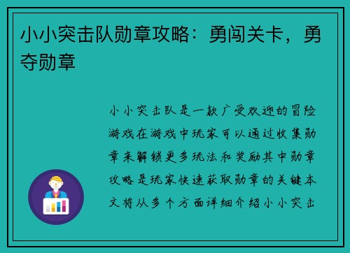 小小突击队勋章攻略：勇闯关卡，勇夺勋章
